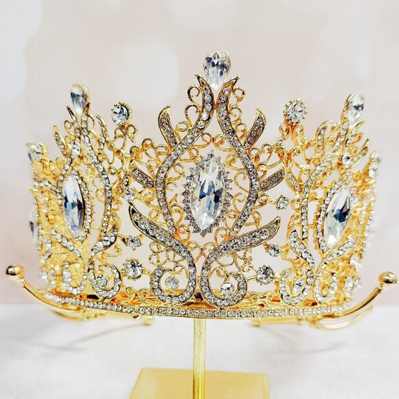 Princess Tiara, Gold Wedding Tiara, Pageant Crown, Crystal Bridal Hairpiece - Picture 1 of 8